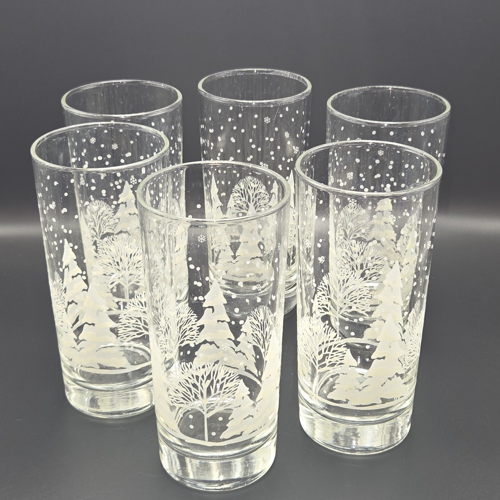 Vintage Winter Holiday Glass Tumblers 16oz White Frosted Pine Trees Set of 6